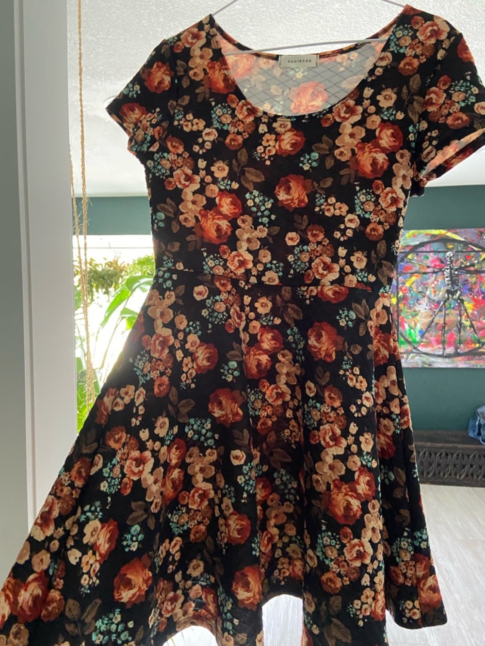 Annianna Black Mini Dress with Orange and Cream Floral Print